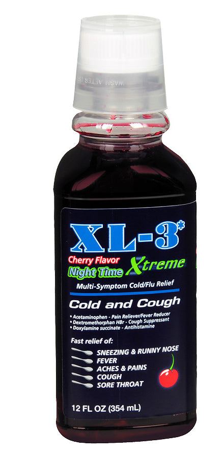XL-3 Nighttime Cold and Flu liquid 12 oz bottle for nighttime symptom relief and sleep