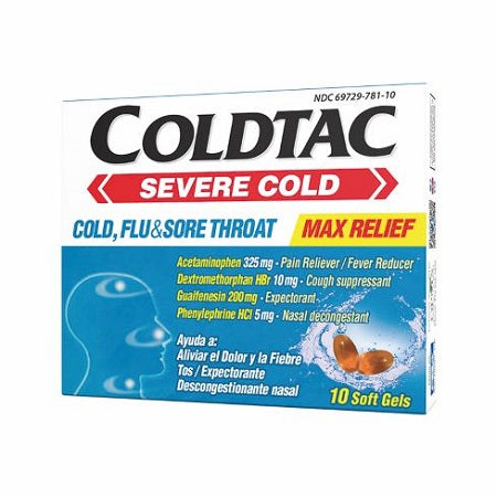 Coldtac Max Relief Severe Cold Flu & Sore Throat Pain Reliever/fever Reducer Cough Suppressant Expectorant Nasal Decongestant Soft Gels