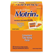 Motrin IB Ibuprofen Pain Relief Caplets Industrial Packets 50x2
