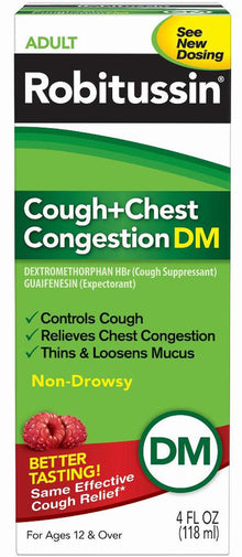Robitussin Maximum Strength Cough + Chest Congestion DM, Raspberry Flavor, 4 fl oz