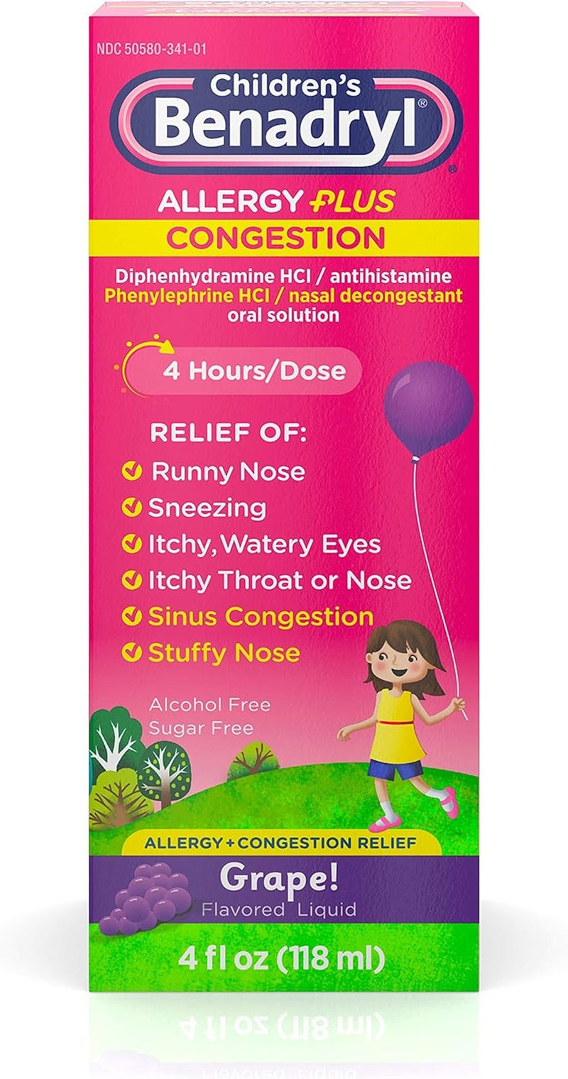 Benadryl Children's Allergy Liquid 4 oz grape flavor for kids allergy and cold symptom relief