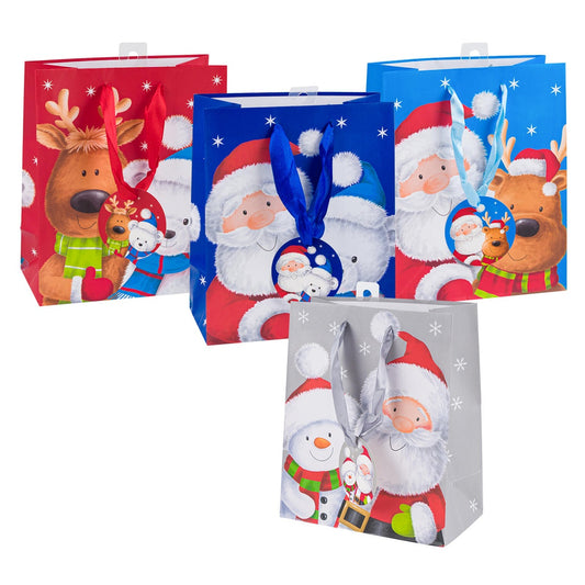 GIFT BAG MEDIUM SANTA FRIENDS ASSORTED PK12 / UOM M72