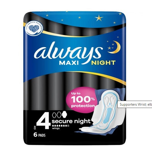 ALWAYS MAXI SECURE NIGHT W/WINGS 6 CT PK8 /UOM C16